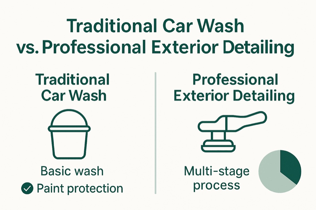Infographic comparing traditional car wash and professional exterior detailing in UK.