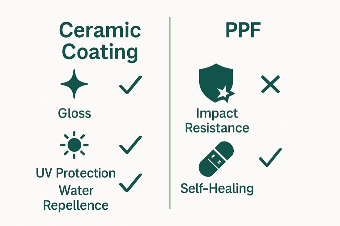 Infographic comparing ceramic coating and paint protection film features.
