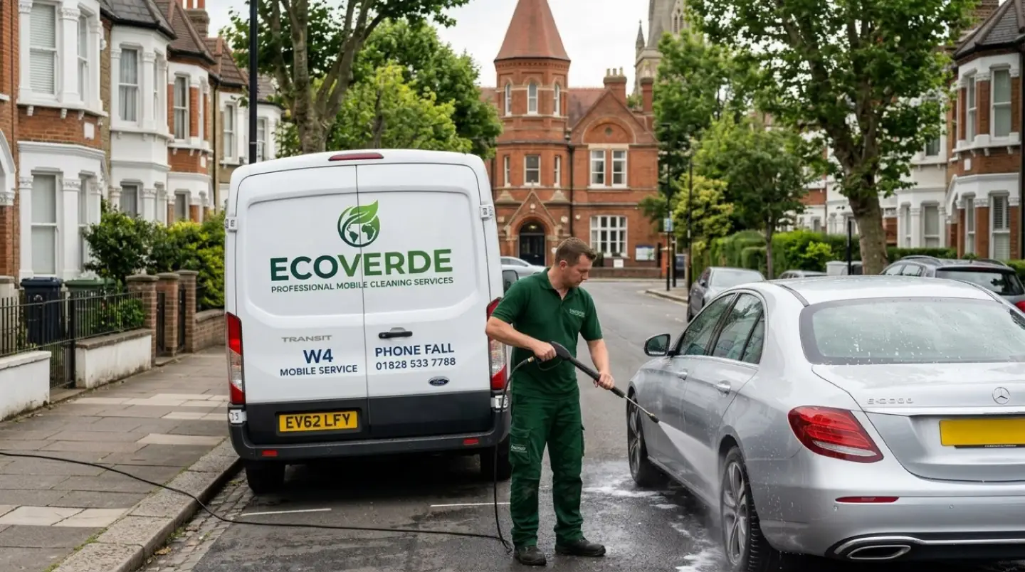 Ecoverde branded electric mobile valeting van on a West London street