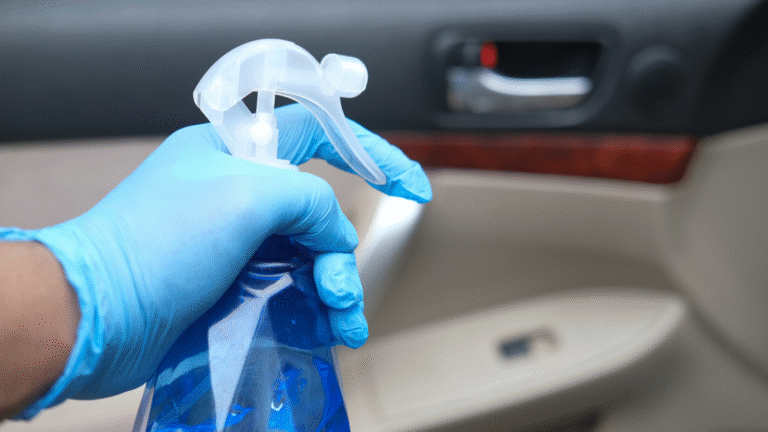 Hand holding spray bottle inside car