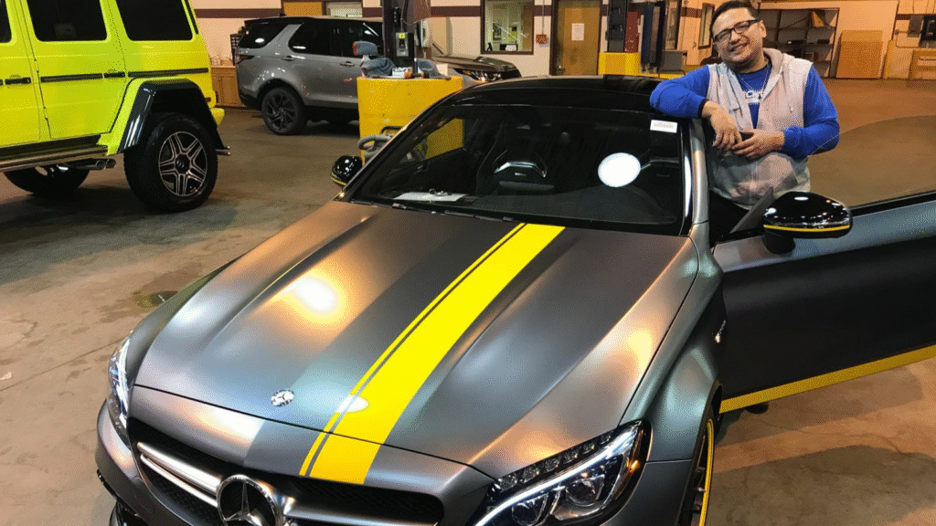 Super car with striking yellow accents.