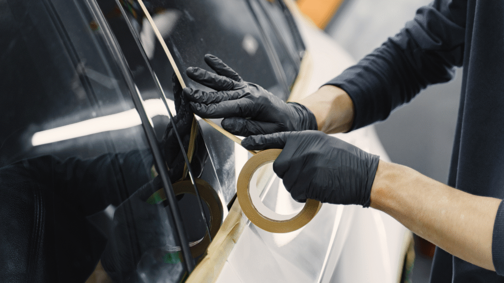Person applying tape on car window